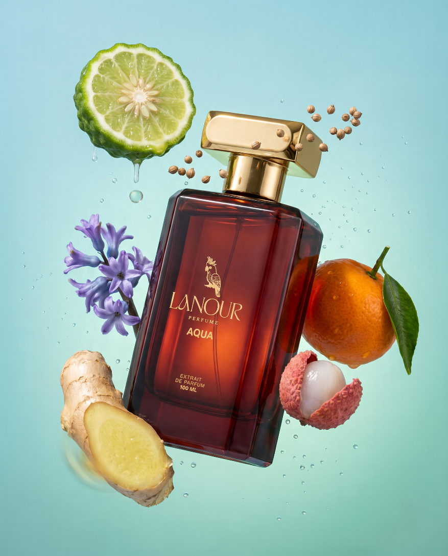 AQUA Extrait de Parfum by Lanour — luxury fresh citrus unisex niche perfume Dubai, with bergamot, orange, ginger, lychee, and hyacinth
