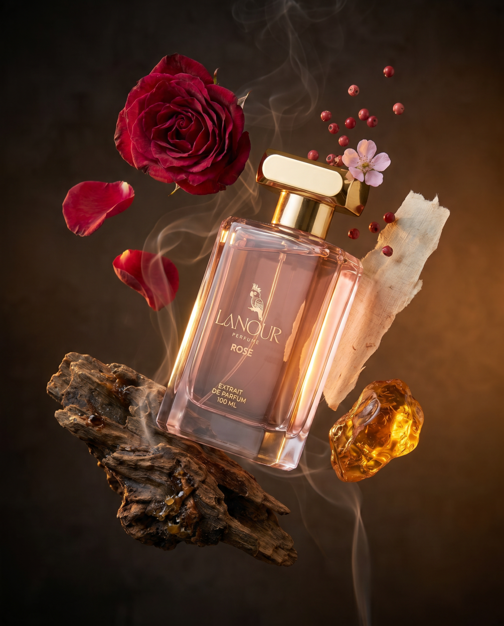 ROSÉ Extrait de Parfum by Lanour — luxury oriental oud rose unisex niche perfume Dubai, with rose, amber, oud wood, and pink berries