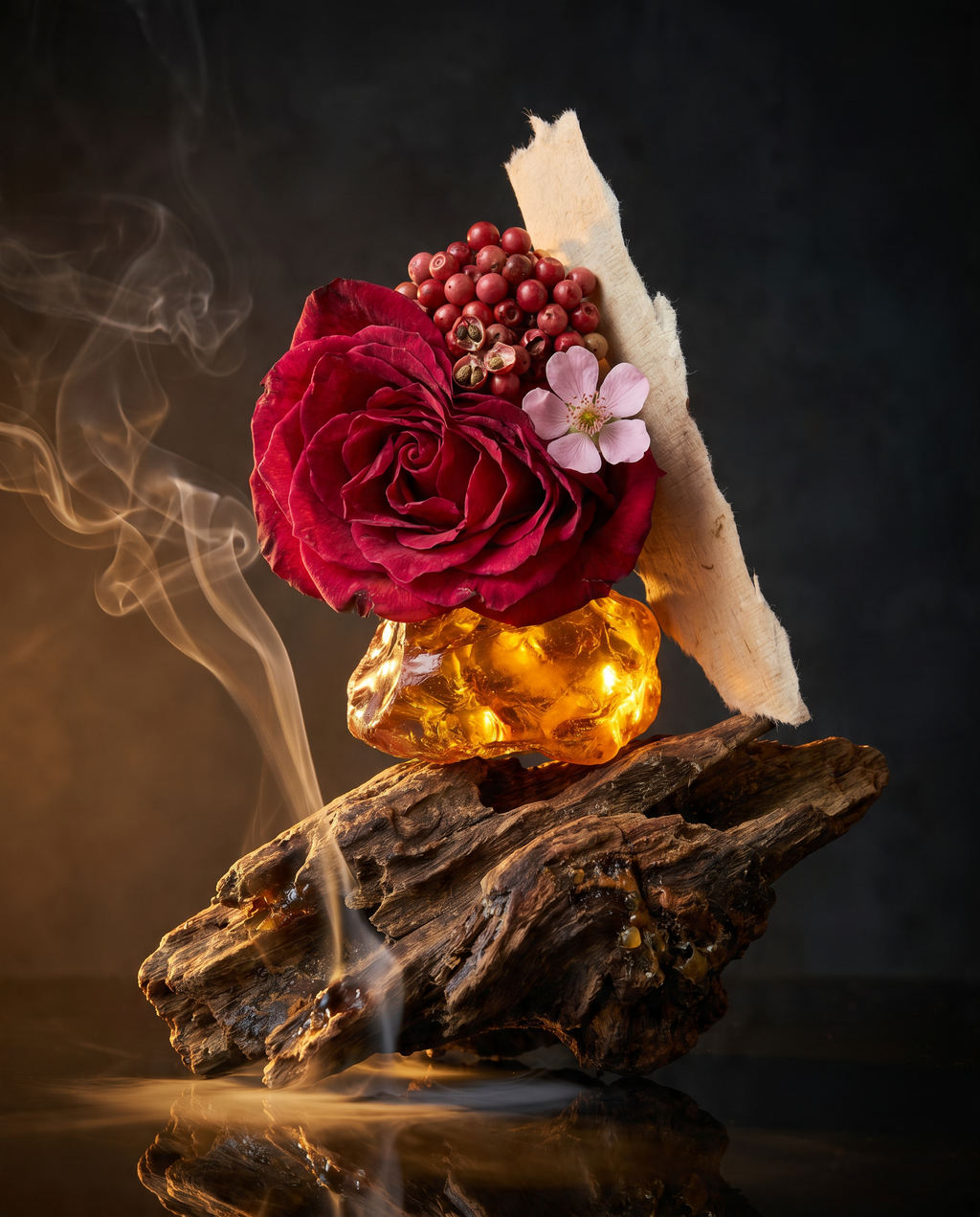 ROSÉ Extrait de Parfum ingredients by Lanour — luxury oriental oud rose niche perfume Dubai, with Turkish rose, amber resin, oud wood, and pink berries