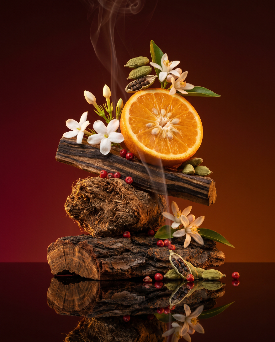 LAPOURCHE Extrait de Parfum ingredients by Lanour — luxury oriental woody spice niche perfume Dubai, with orange blossom, jasmine, cardamom, oud wood, and pink peppercorn