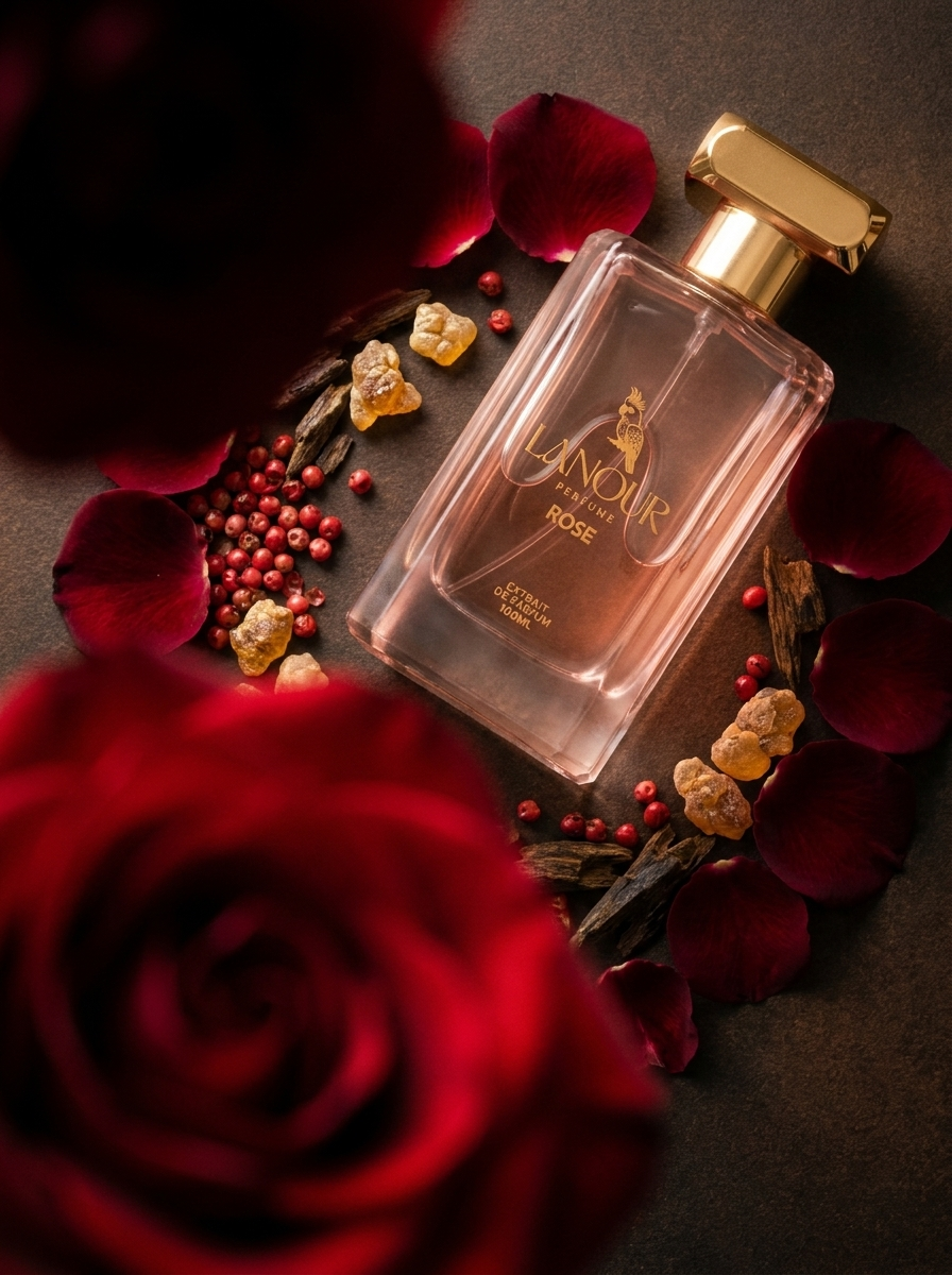 ROSÉ Extrait de Parfum by Lanour — luxury oriental oud rose - niche perfume Dubai, with rose, amber, oud wood, and pink berries